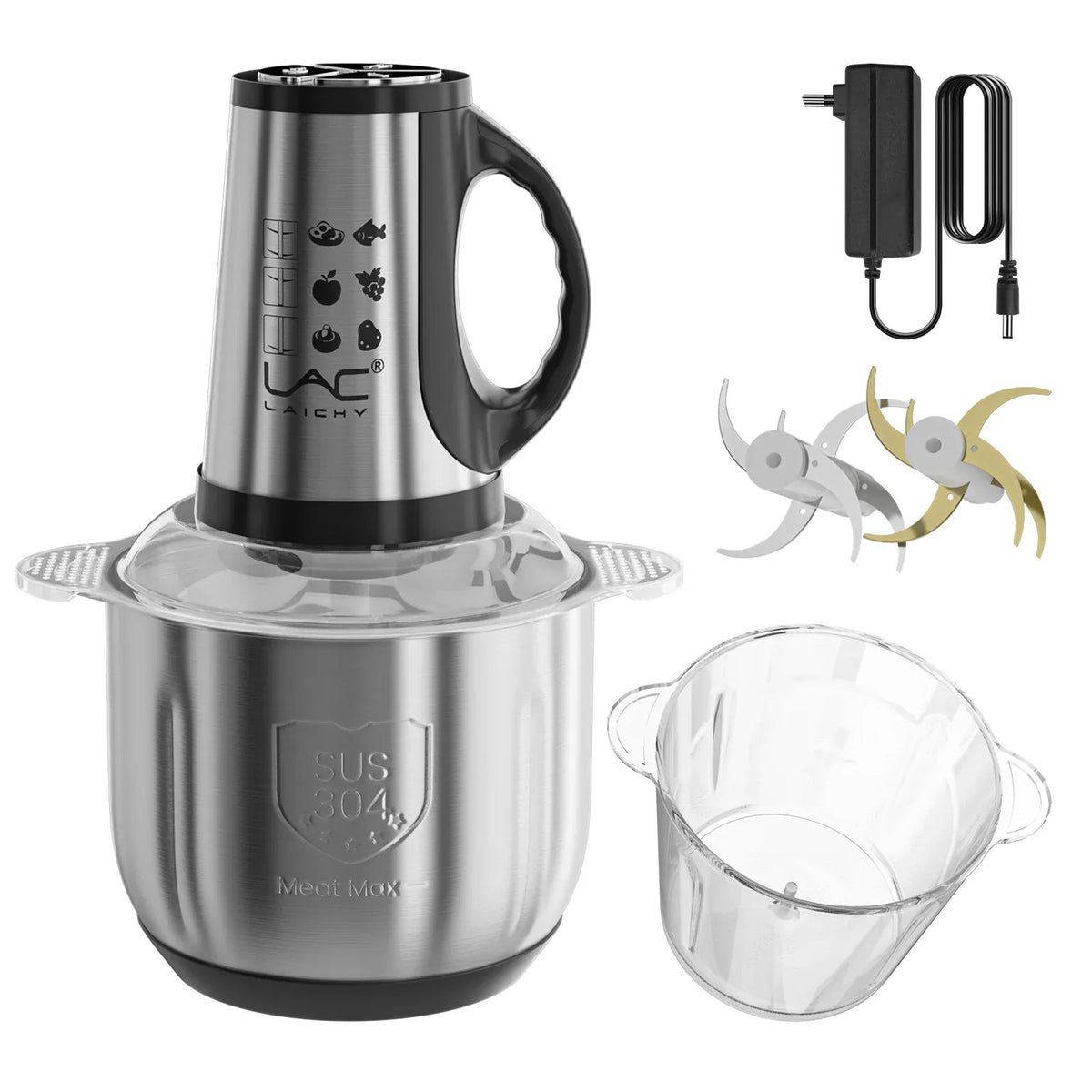 Hachoir Électrique Multifonction 300 W — Double Bol Inox et Verre, 4 Lames, 3 Vitesses hachoir electrique
