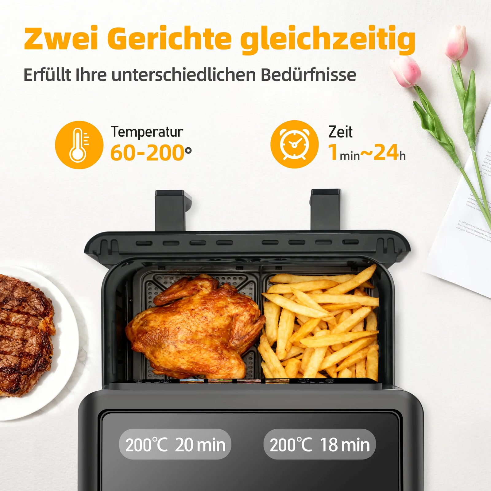 Friteuse Sans Huile Double Panier 85L 2000W Écran Tactile airfryers
