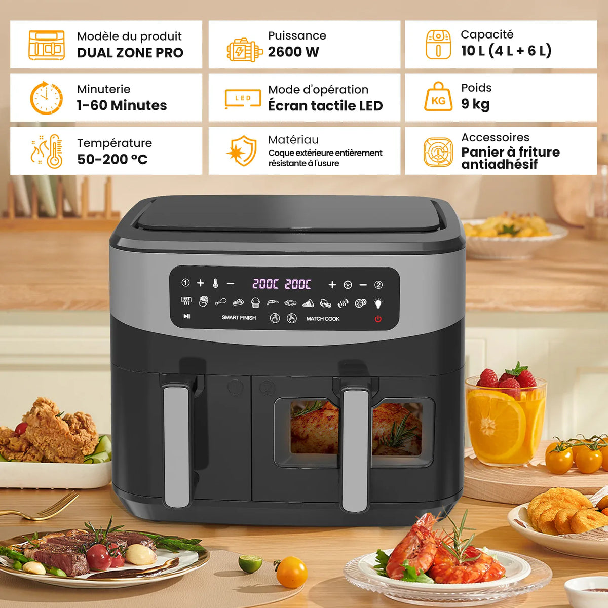 Air Fryer Double Panier 10L 2600W avec Hublot Visible airfryers