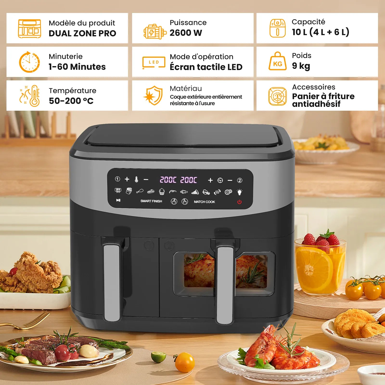 Air Fryer Double Panier 10L 2600W avec Hublot Visible airfryers