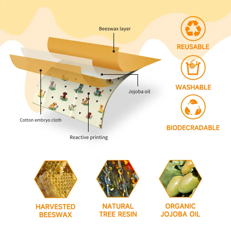 Film Alimentaire Cire d'Abeille Lot de 6 Réutilisables Décorés far