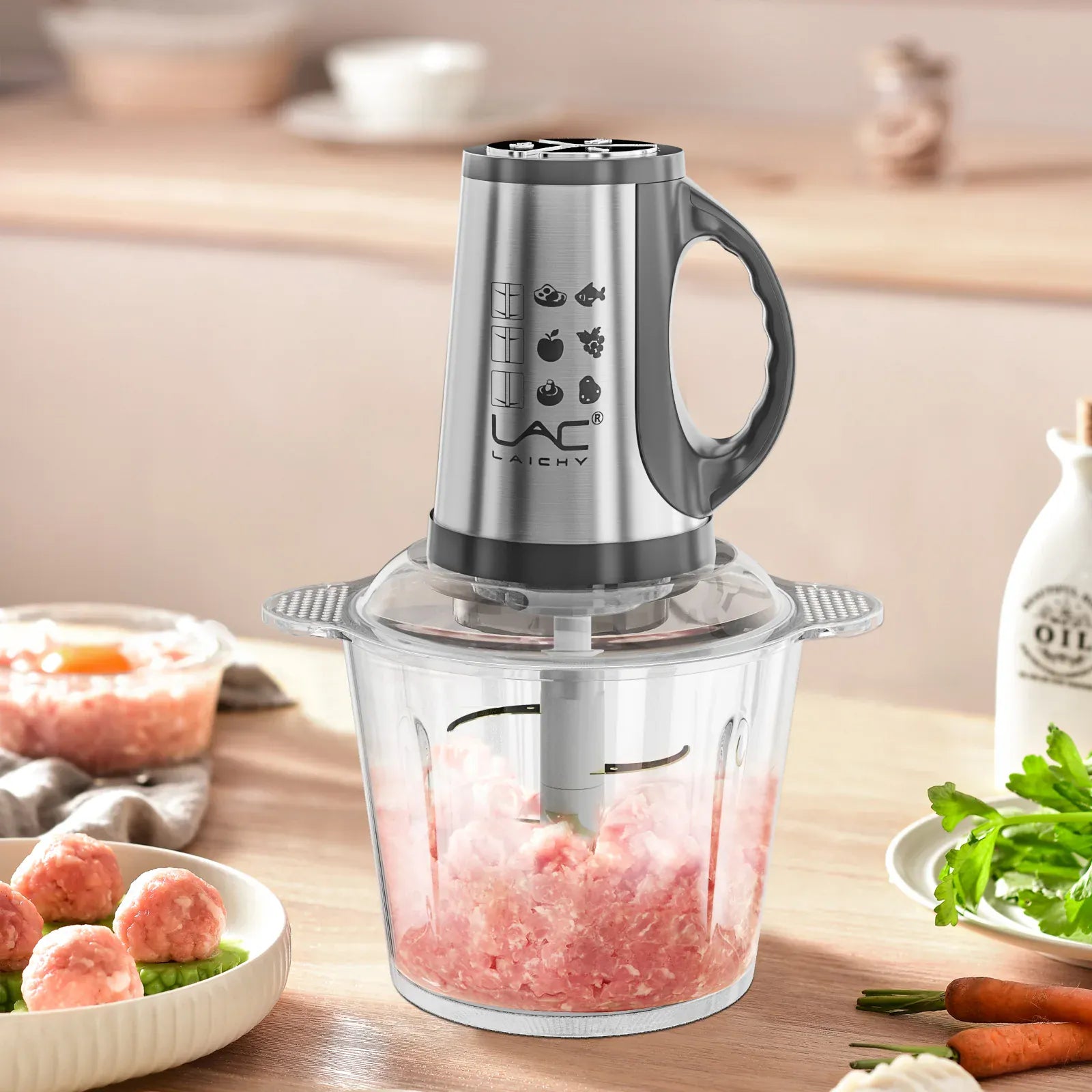 Hachoir Électrique Multifonction 300 W — Double Bol Inox et Verre, 4 Lames, 3 Vitesses hachoir electrique