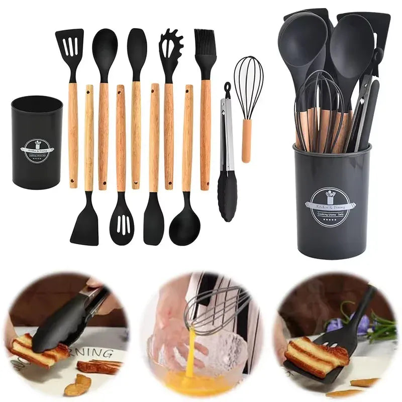 Set Ustensiles Silicone 12 Pièces | Résistant à la Chaleur avec Support spatule en silicone