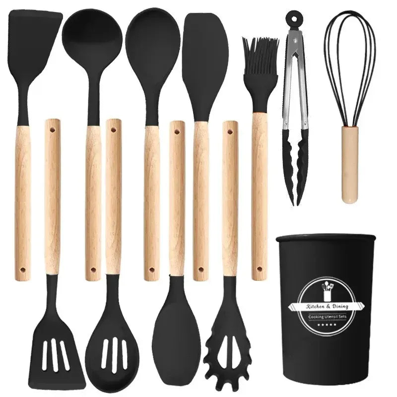 Set Ustensiles Silicone 12 Pièces | Résistant à la Chaleur avec Support spatule en silicone
