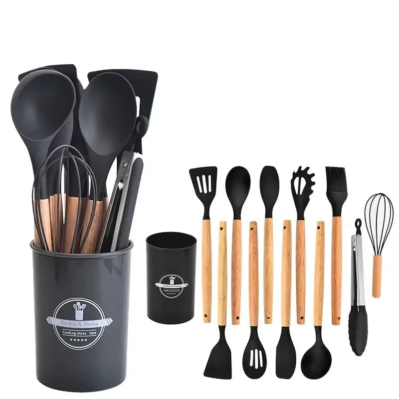 Set Ustensiles Silicone 12 Pièces | Résistant à la Chaleur avec Support spatule en silicone
