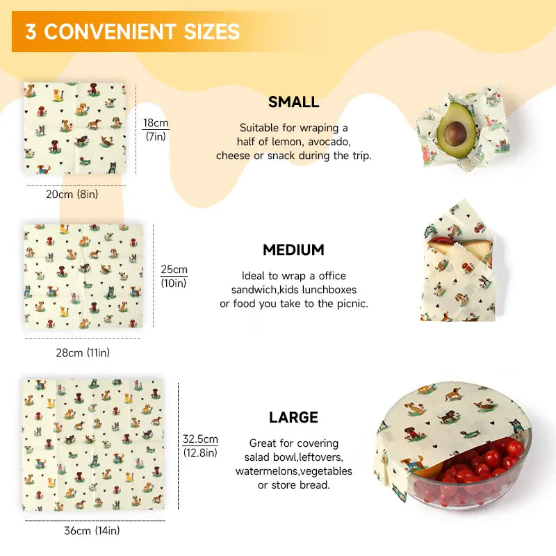 Film Alimentaire Cire d'Abeille Lot de 6 Réutilisables Décorés far