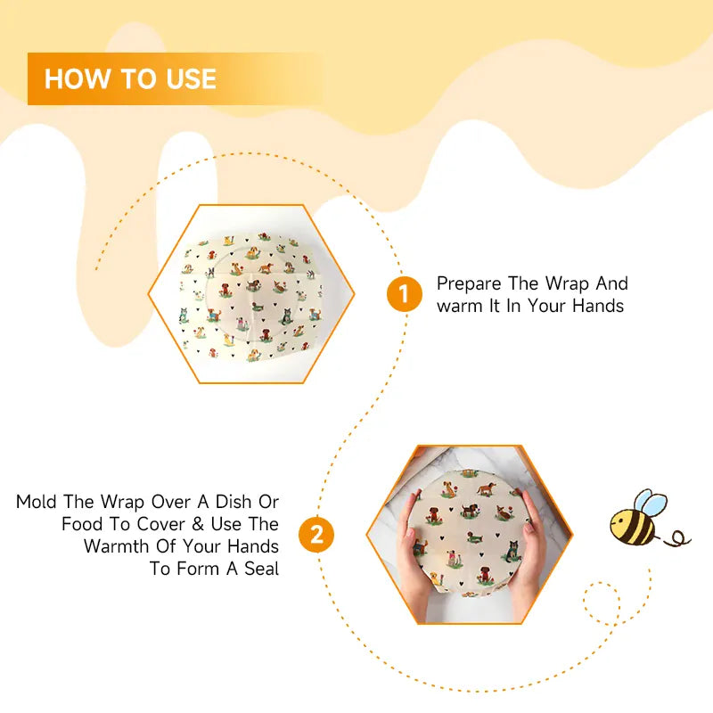 Film Alimentaire Cire d'Abeille Lot de 6 Réutilisables Décorés far