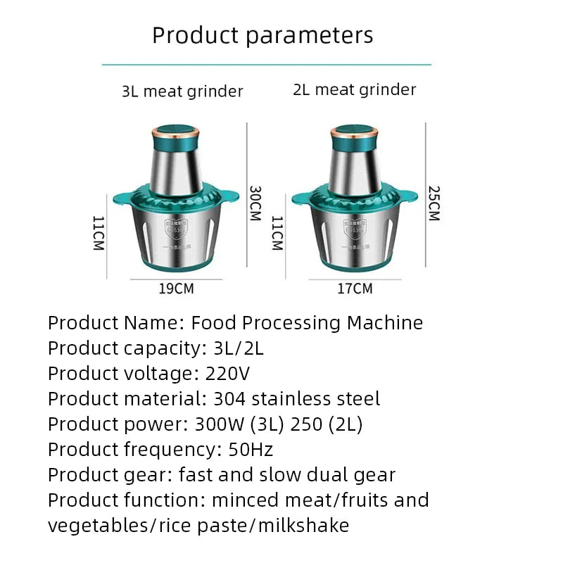 Hachoir Électrique Multifonction 3L Inox 304 — 300 W, 2 Vitesses, 4 Lames hachoir electrique