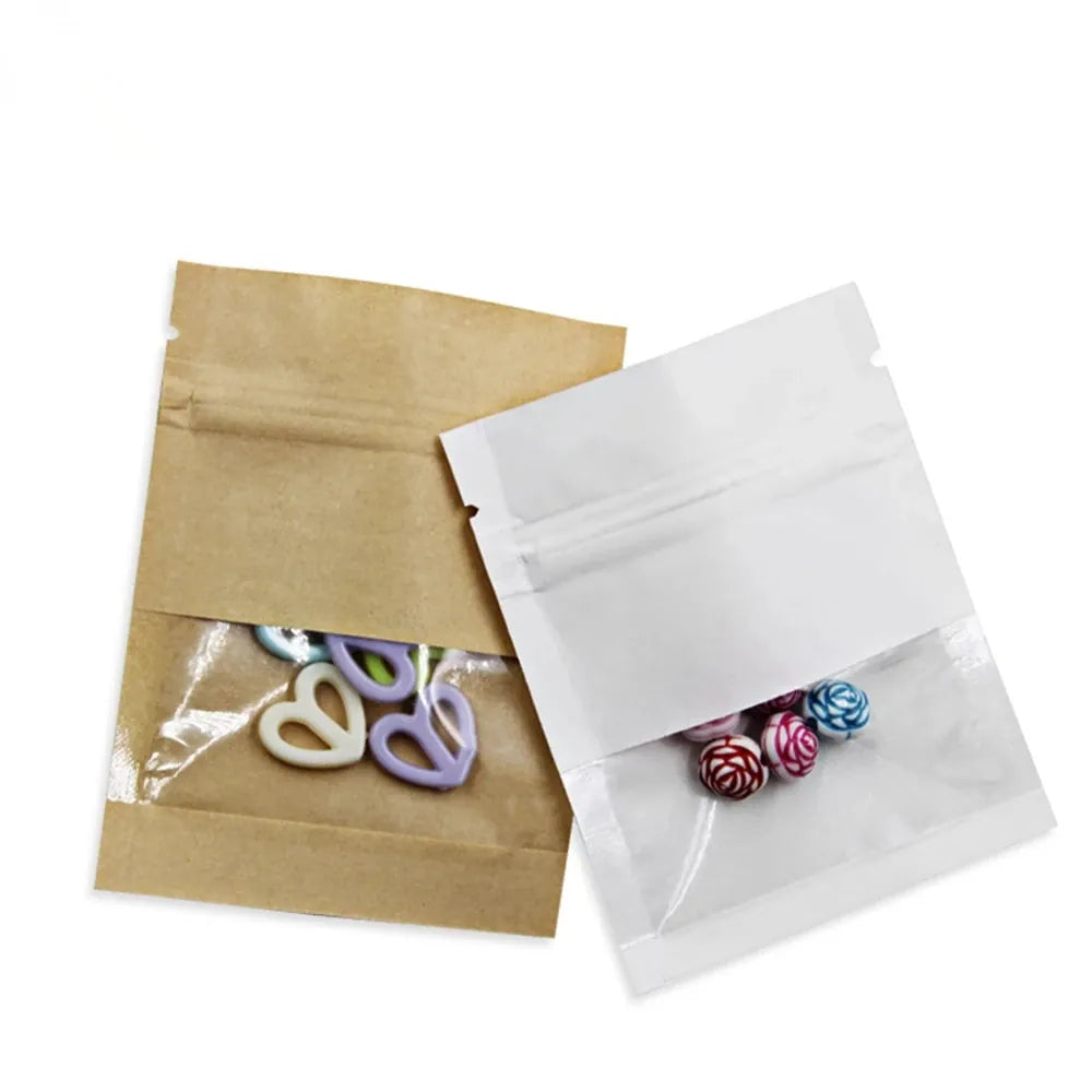 Sachets Kraft Zip avec Fenêtre - Lot de 100 Pièces Auto-Scellants