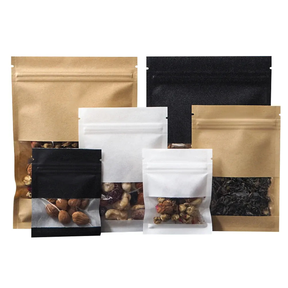 Sachets Kraft Zip avec Fenêtre - Lot de 100 Pièces Auto-Scellants