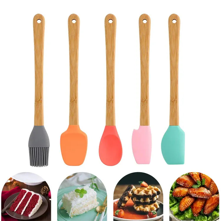 Set Spatules Silicone 5 pièces Résistantes à la Chaleur avec Manche en Bambou spatule en silicone