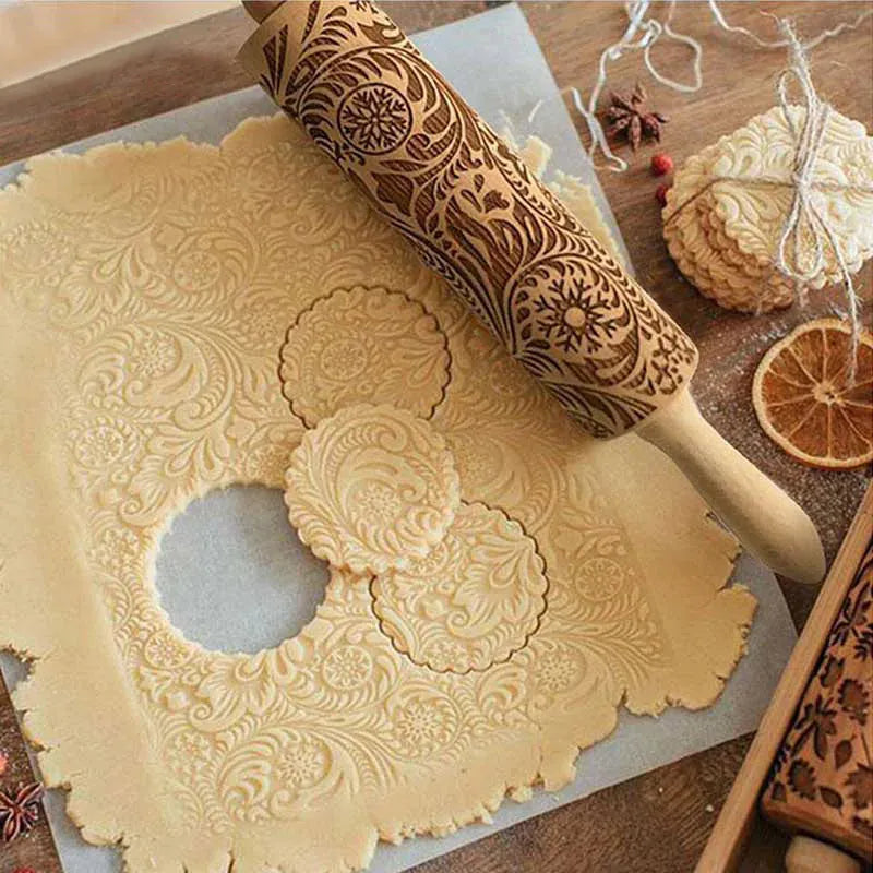rouleau à pâtisserie en bois gravé pour biscuits et gâteaux - Accessoires de cuisine rouleaupatisserie