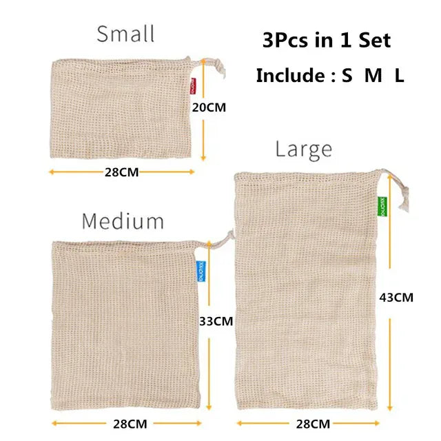 Sacs Filet en Coton Réutilisables - Lot de 5 Pièces Écologiques