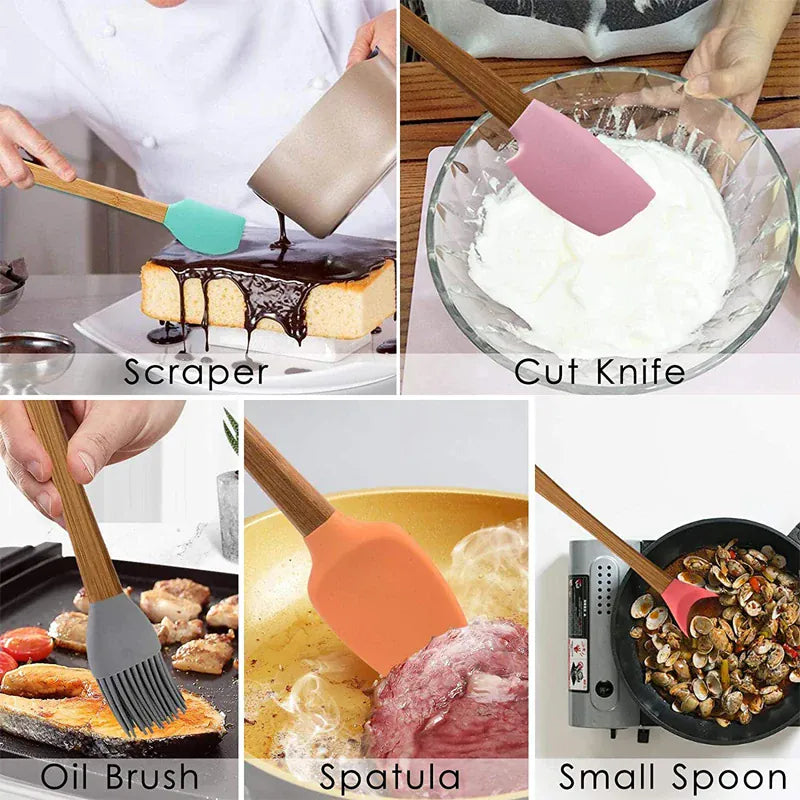 Set Spatules Silicone 5 pièces Résistantes à la Chaleur avec Manche en Bambou spatule en silicone