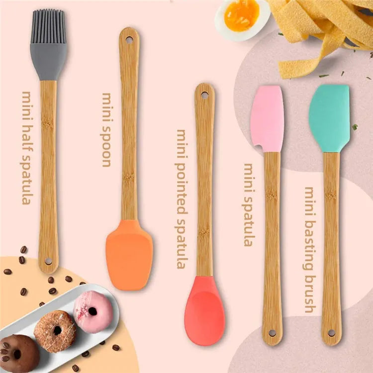 Set Spatules Silicone 5 pièces Résistantes à la Chaleur avec Manche en Bambou spatule en silicone