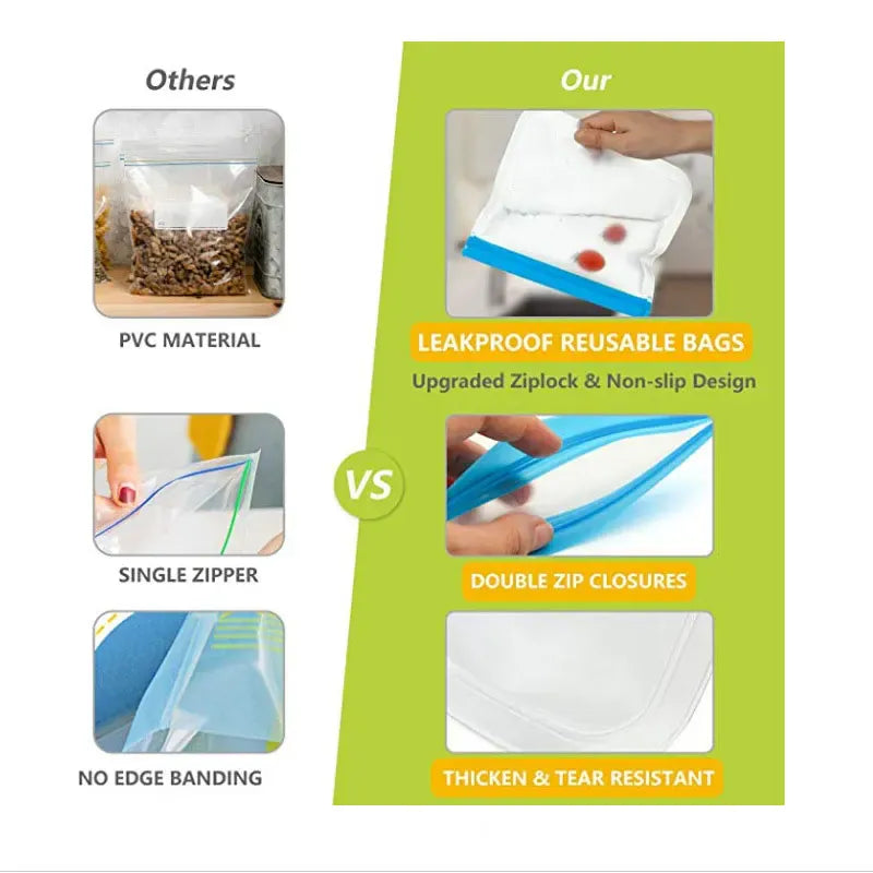 Sachets Silicone Réutilisables Anti-Fuite - Lot de 7 Pièces 25x30cm