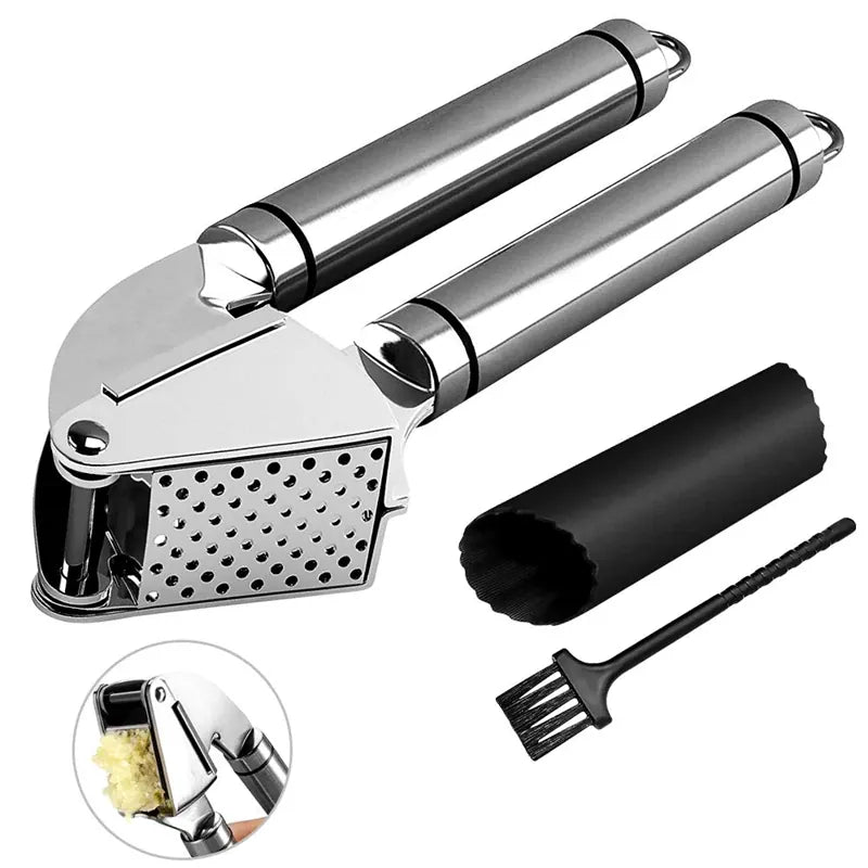 Presse-ail Acier Inoxydable | Kit avec Peeling en Silicone et Brosse Coupe Légumes