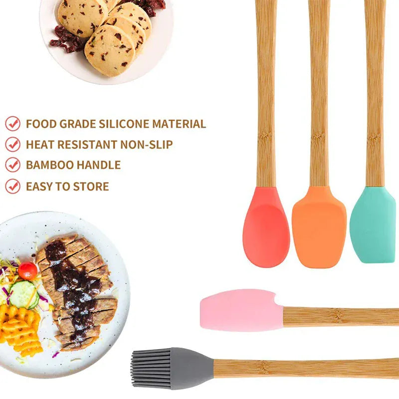 Set Spatules Silicone 5 pièces Résistantes à la Chaleur avec Manche en Bambou spatule en silicone