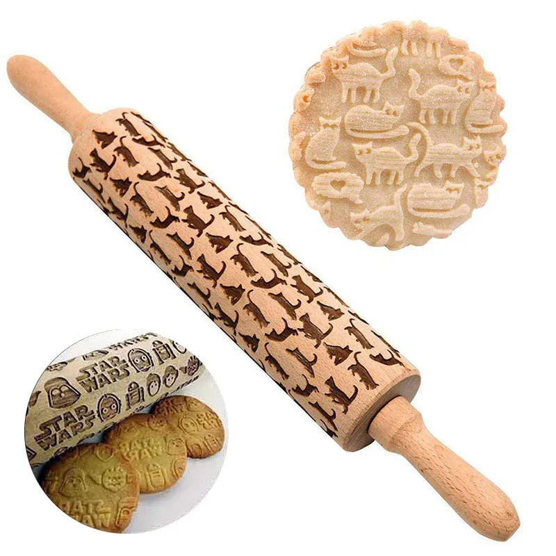 rouleau à pâtisserie en bois gravé pour biscuits et gâteaux - Accessoires de cuisine rouleaupatisserie