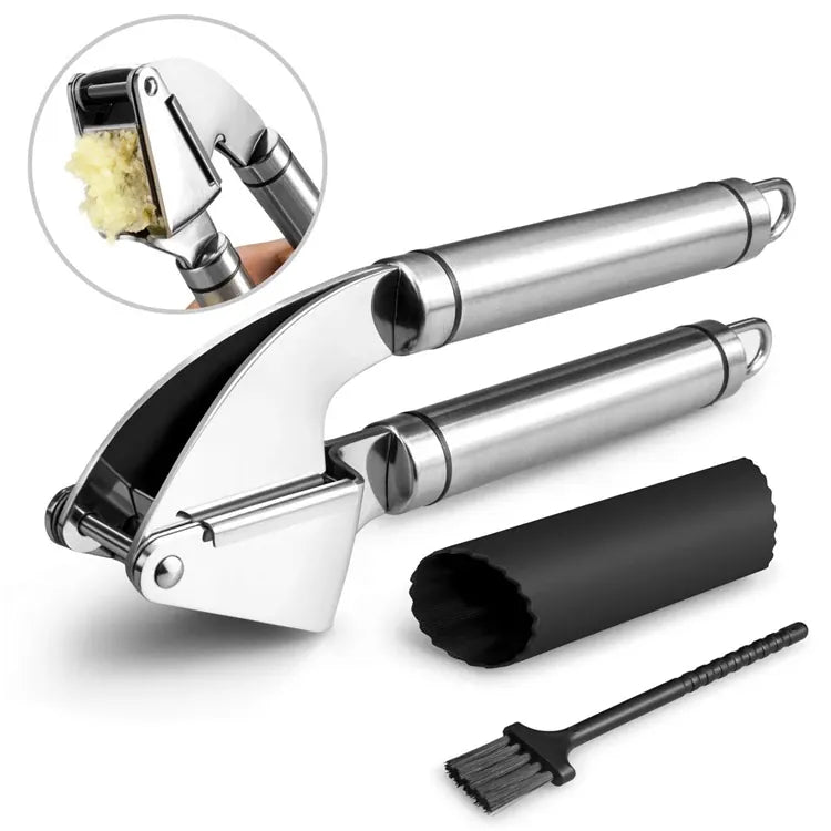 Presse-ail Acier Inoxydable | Kit avec Peeling en Silicone et Brosse Coupe Légumes