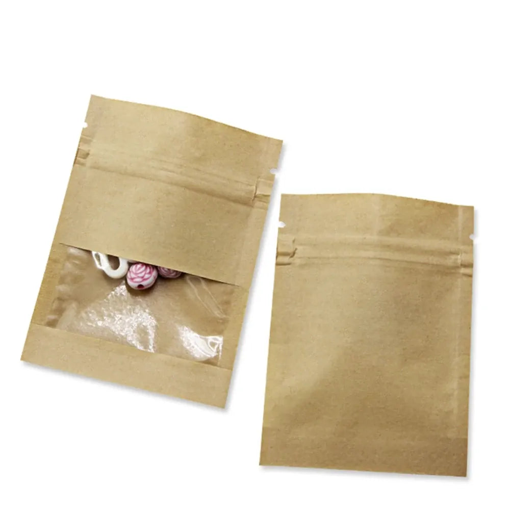 Sachets Kraft Zip avec Fenêtre - Lot de 100 Pièces Auto-Scellants