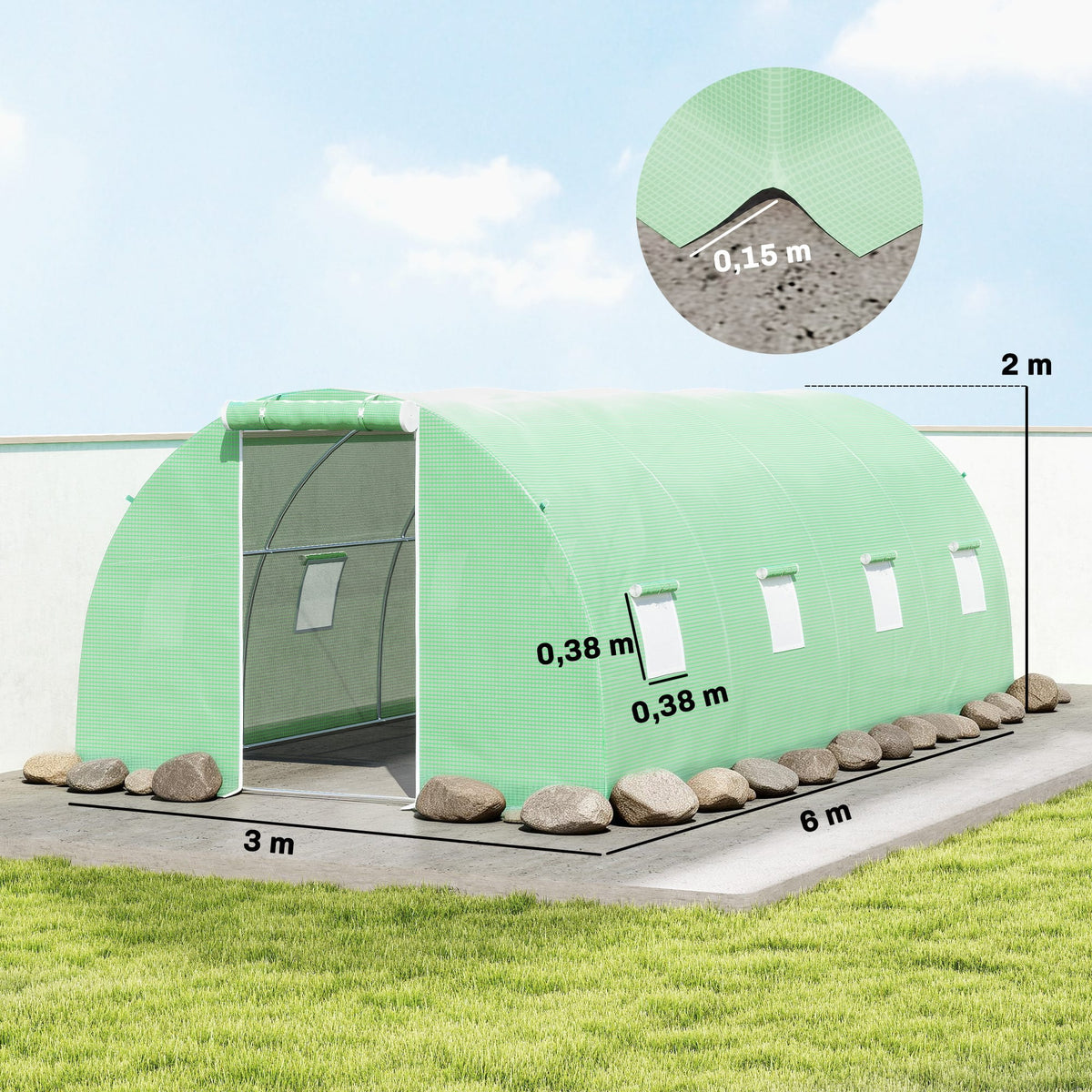 Serre Tunnel de Jardin 18 m² (6 × 3 × 2 m) – 8 Fenêtres, Porte Zippée, Acier Galvanisé & Bâche PE Anti-UV Serre de jardin
