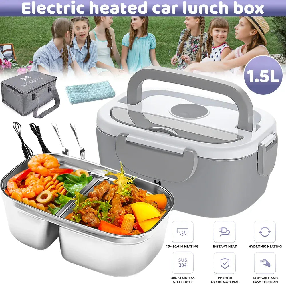 Lunch Box Chauffante Électrique 65 W — Cuve Inox 304 Amovible 1,5 L, 2 Compartiments, Voiture et Secteur lunchboxchauf