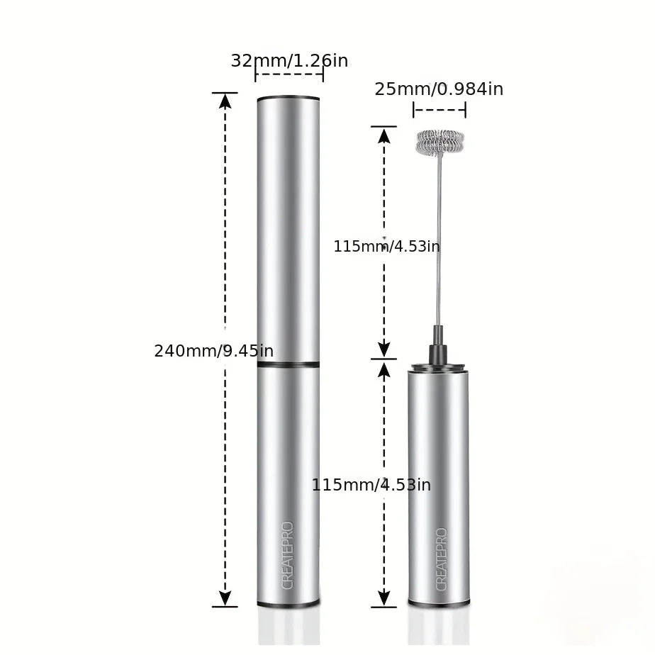 Dimensions du mousseur à lait : 24 cm fermé, poignée et fouet de 11,5 cm