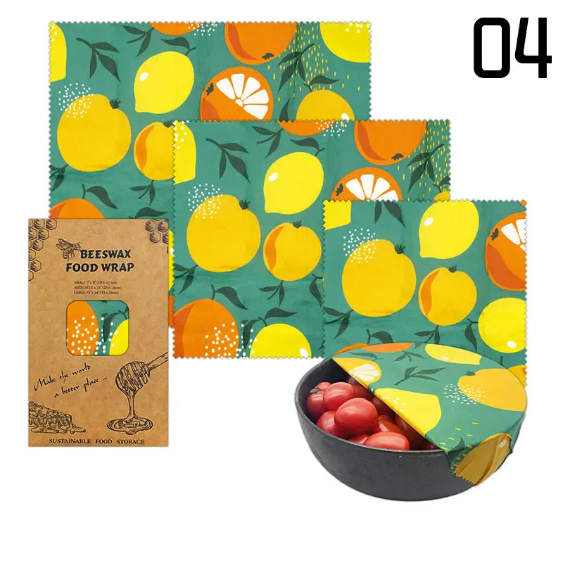 Film Alimentaire Réutilisable Cire d'Abeille Lot de 3 motifs fruités far