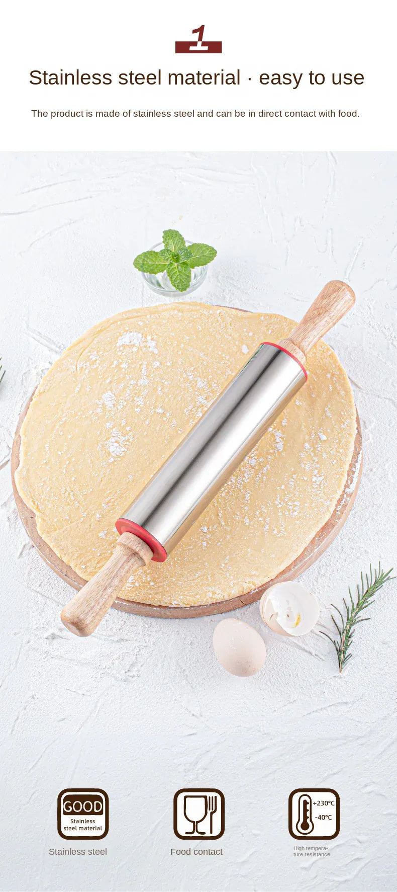 Rouleau à pâtisserie en acier inoxydable pour biscuits et tartes rouleaupatisserie