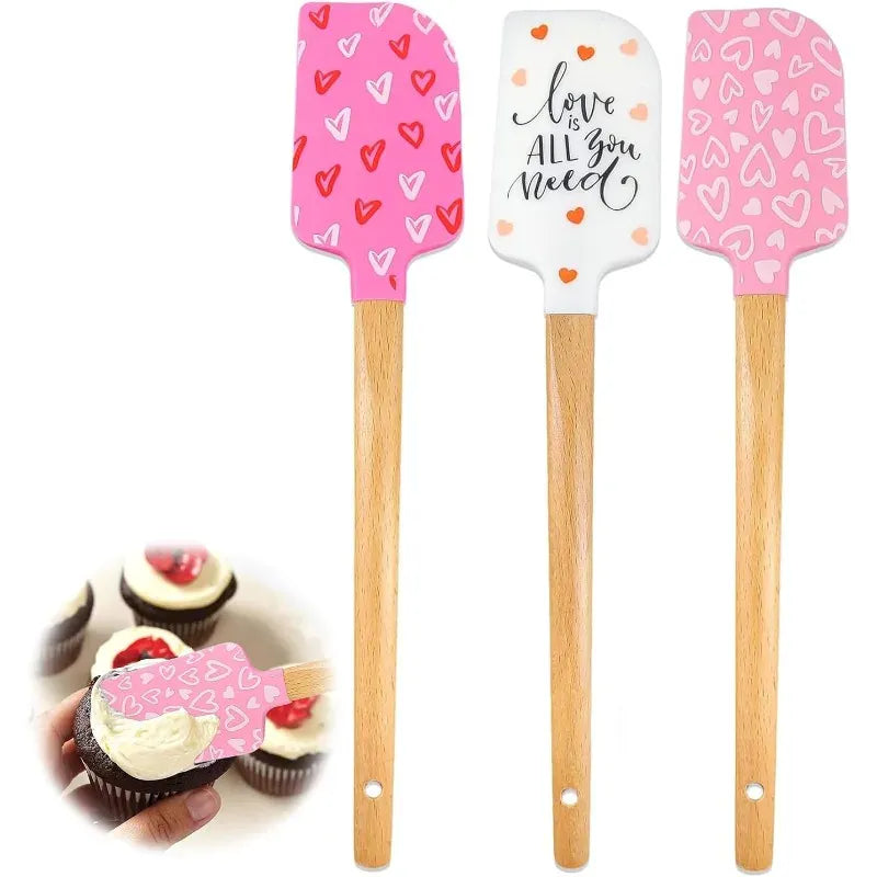 Spatule en Silicone Motifs Cœurs avec Manche en Bois spatule en silicone