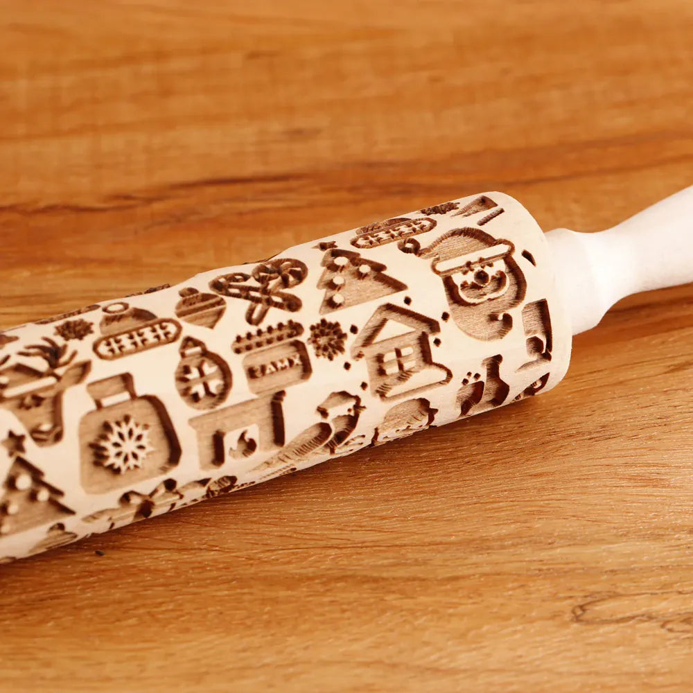 Rouleau à pâtisserie en bois avec motifs gravés de Noël - Outil de décoration pour biscuits rouleaupatisserie