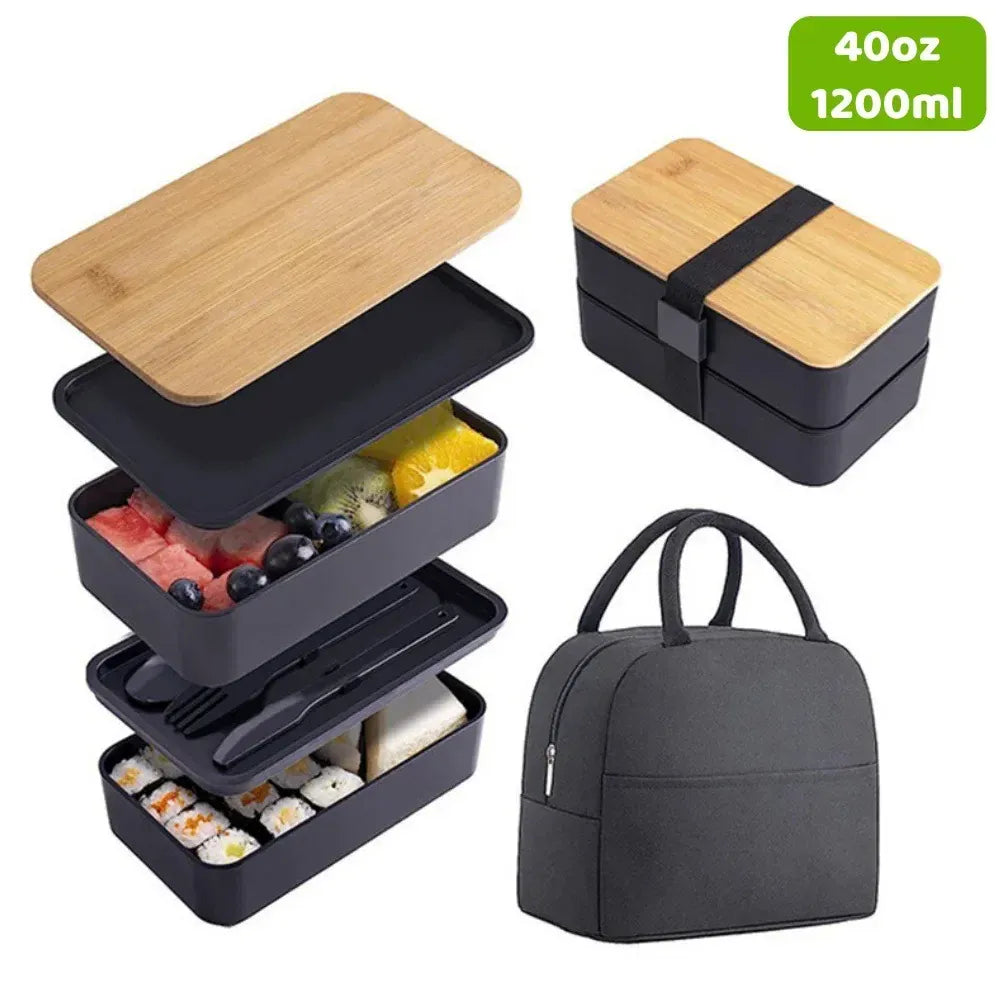 Bento 2 Étages en Bambou et Plastique | Boîte de Rangement Alimentaire Bento