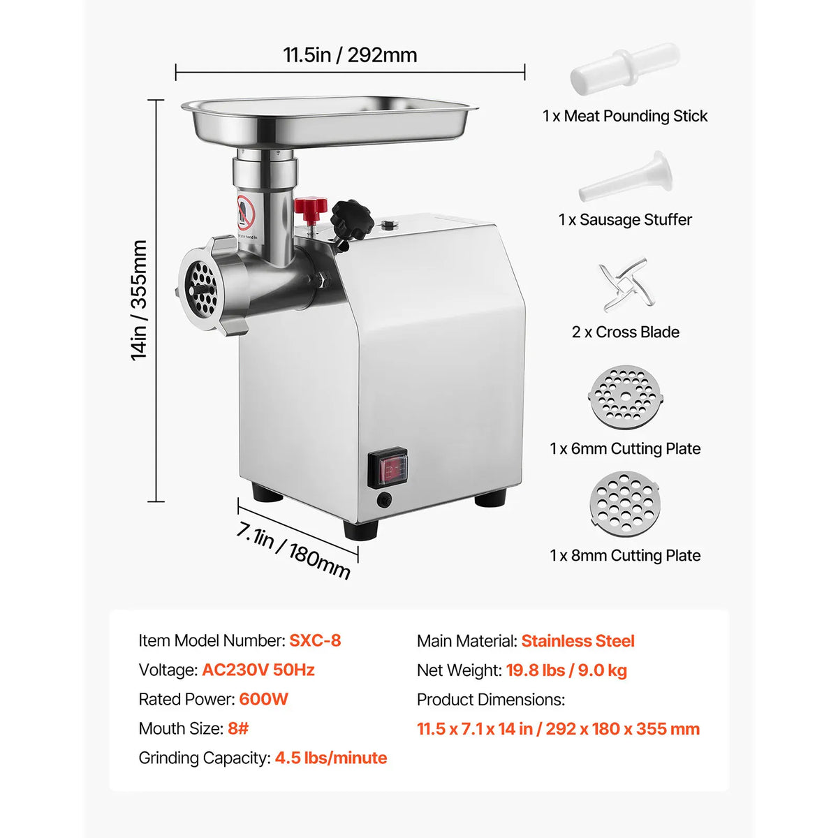 Hachoir à Viande Électrique Inox — 600W / 850W / 1100W avec Embout à Saucisses Hachoirs à Viande