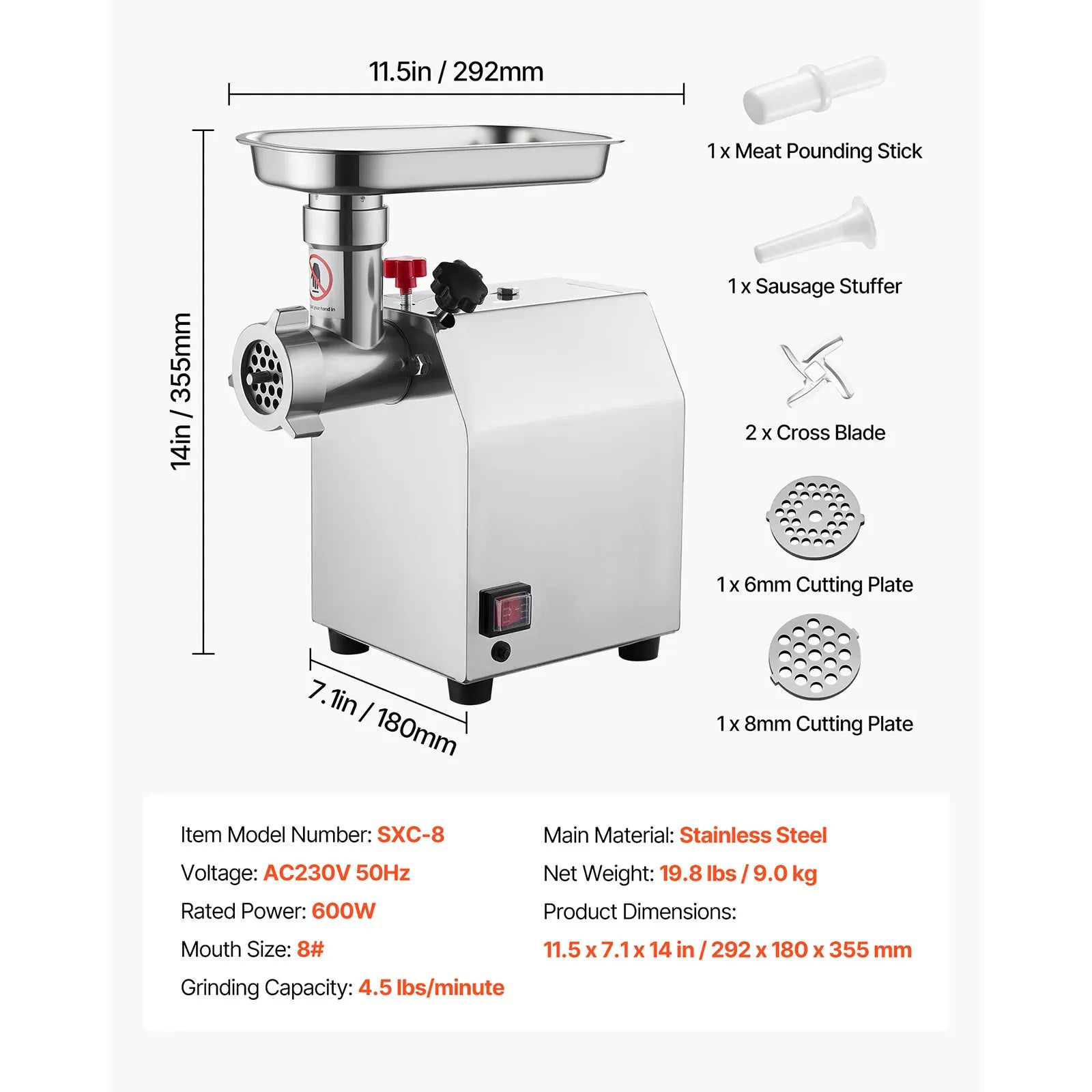Hachoir à Viande Électrique Inox — 600W / 850W / 1100W avec Embout à Saucisses Hachoirs à Viande