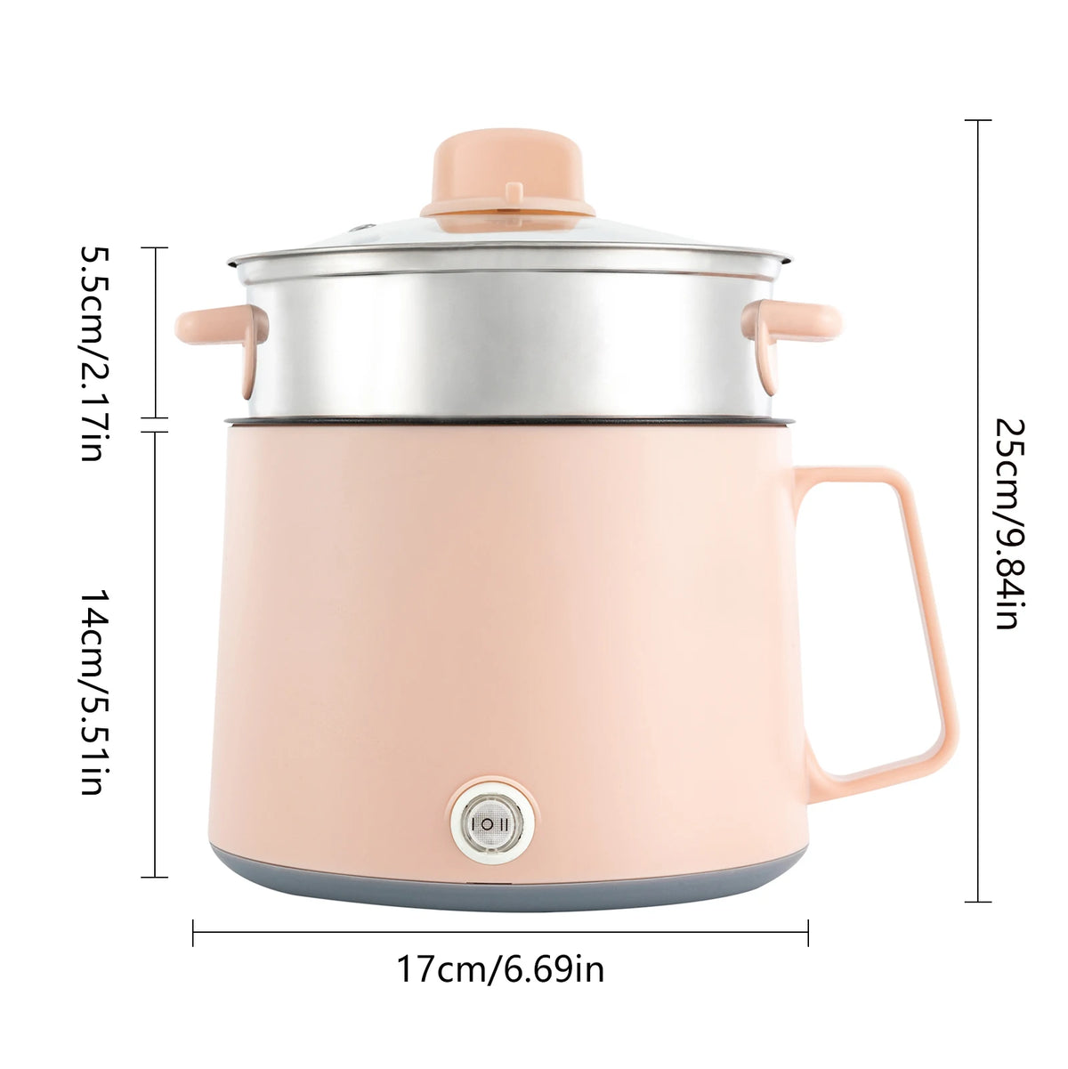 Dimensions du mini cuiseur rose : 17 cm de diamètre, 25 cm de haut