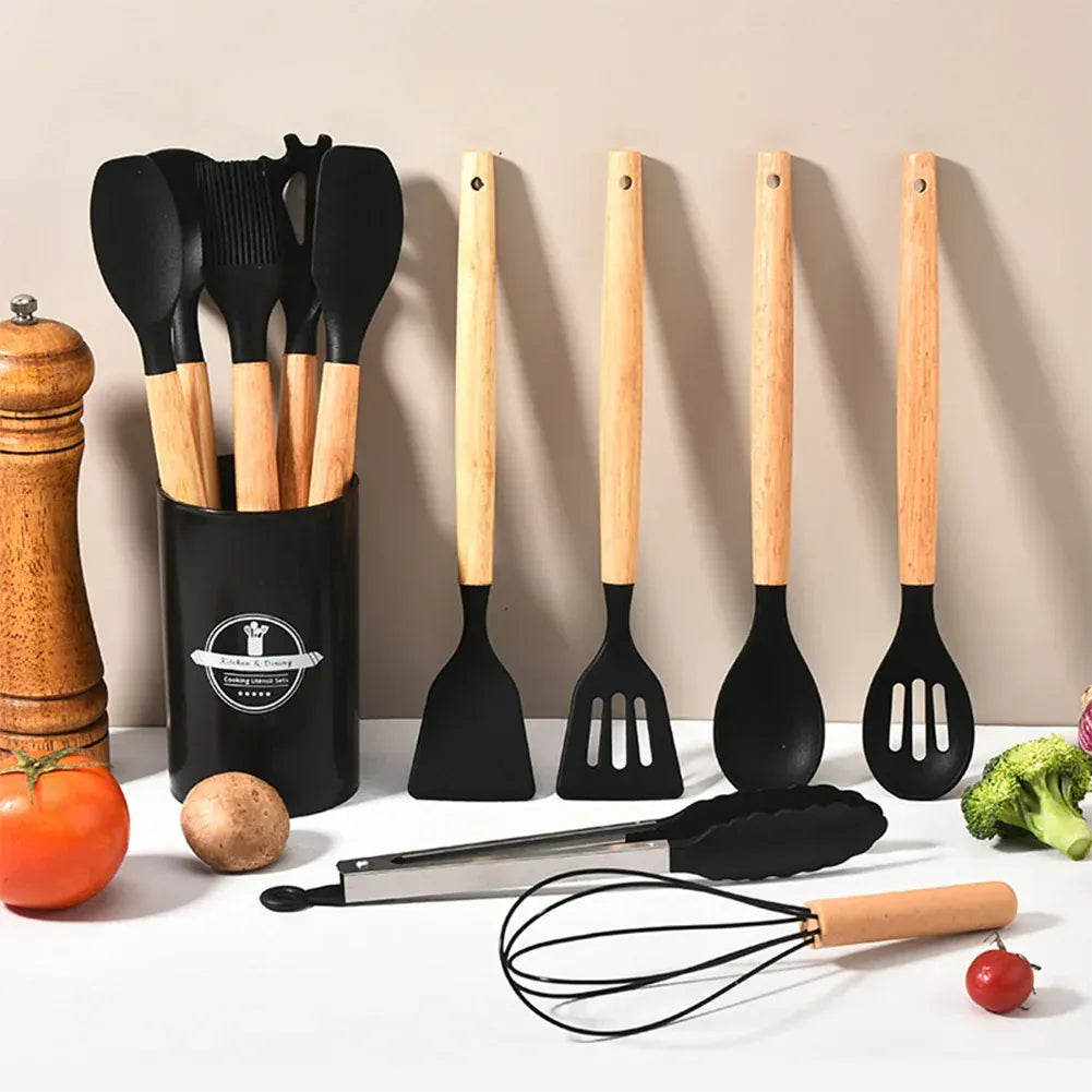 Set Ustensiles Silicone 12 Pièces | Résistant à la Chaleur avec Support spatule en silicone