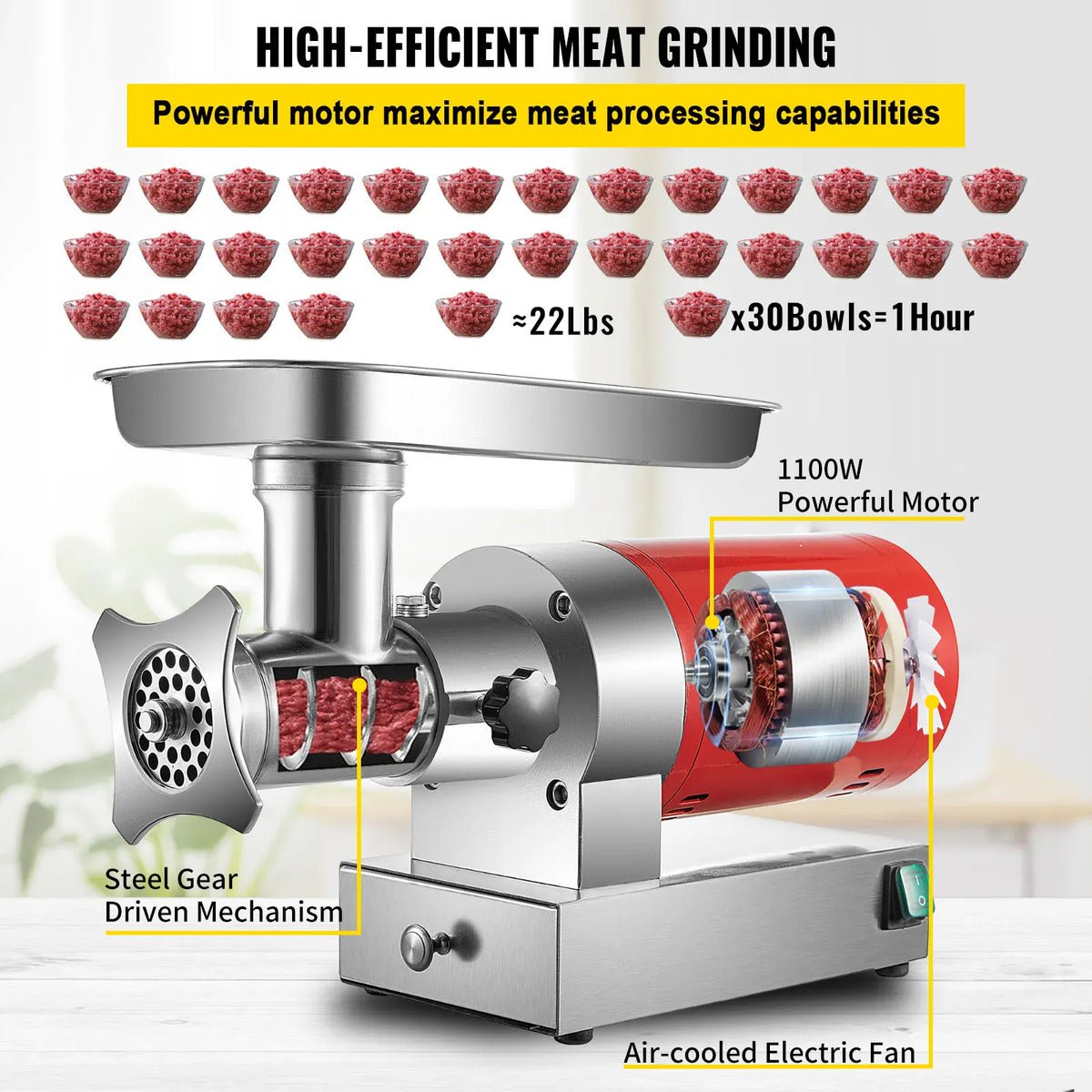 Hachoir à Viande Électrique 1 100 W — 300 kg/h, 2 Plaques + Kit Saucisse Hachoirs à Viande