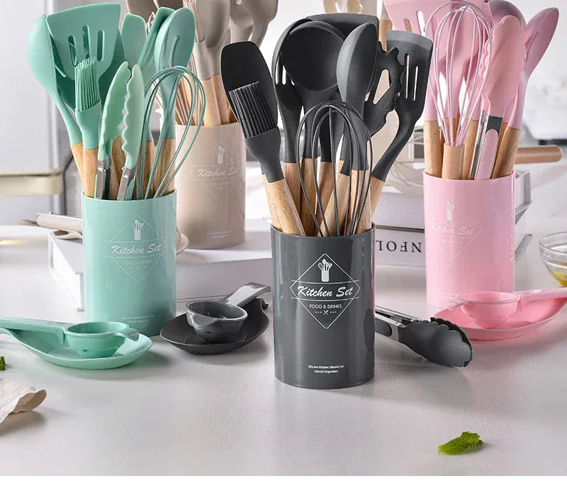 Set Ustensiles Silicone 12 Pieces avec Poignée en Bois - Cuisine spatule en silicone