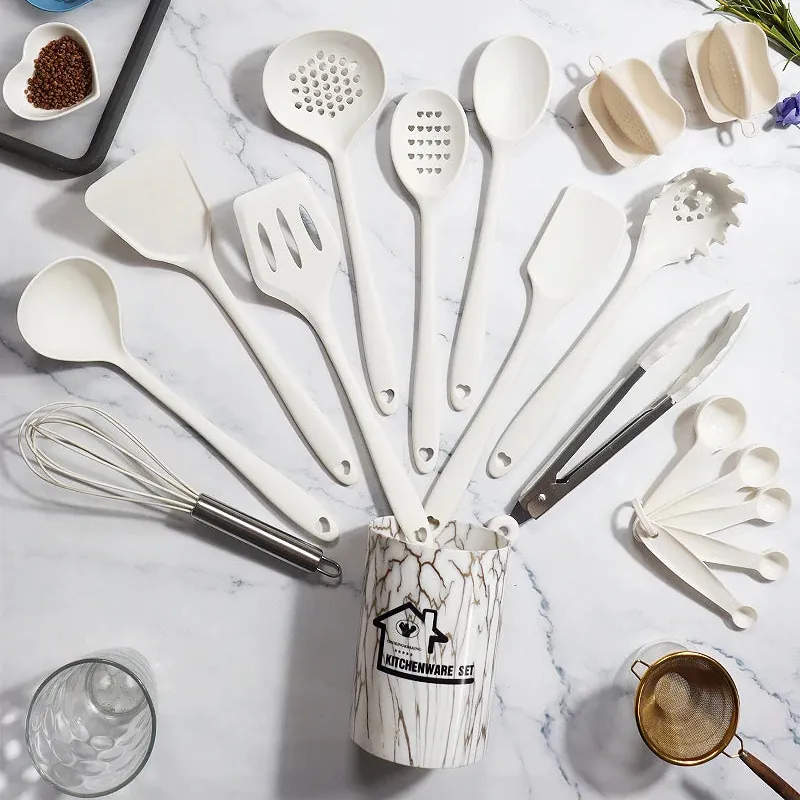 Set de 18 Ustensiles Pratiques en silicone (Rose/Blanc/Noir) spatule en silicone