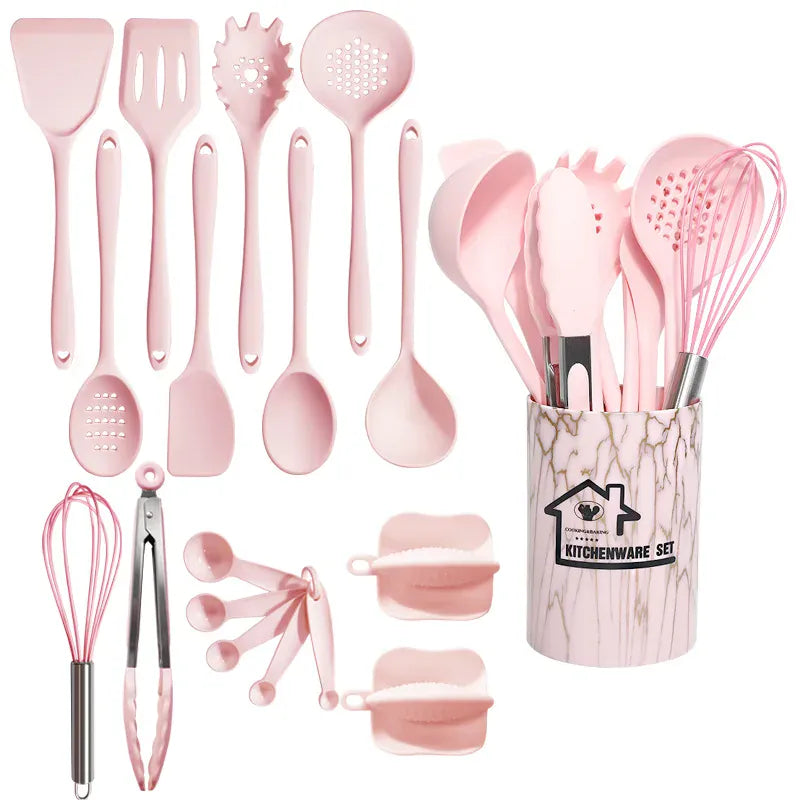 Set de 18 Ustensiles Pratiques en silicone (Rose/Blanc/Noir) spatule en silicone