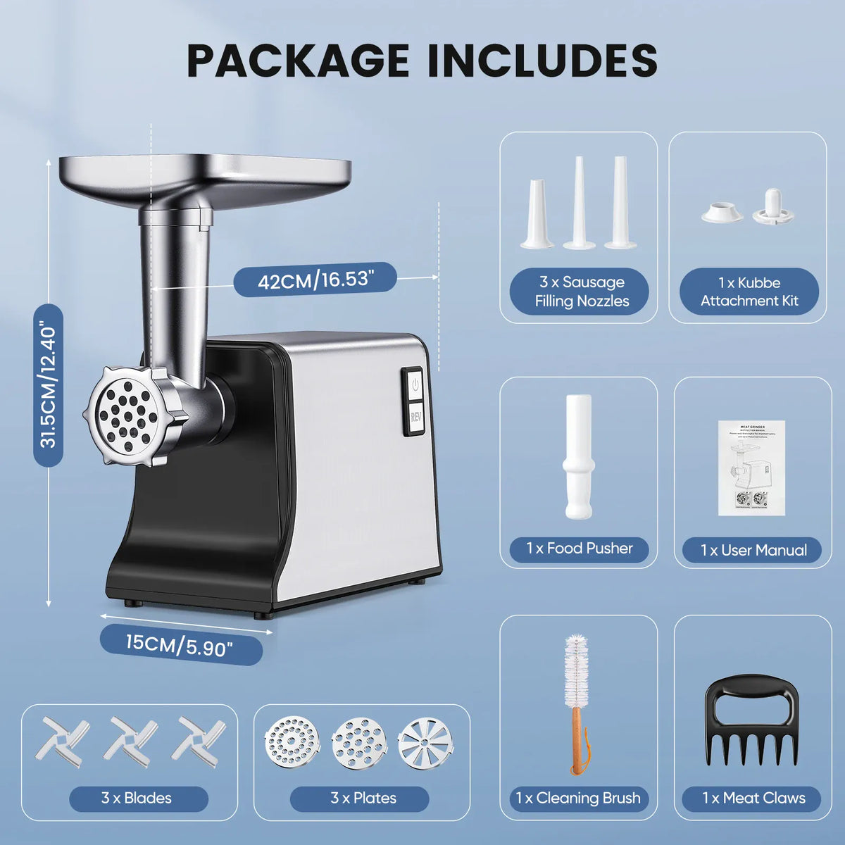 Hachoir Électrique Multifonction 3000W — 3 Lames, 3 Plaques, Saucisses & Kubbe Hachoirs à Viande
