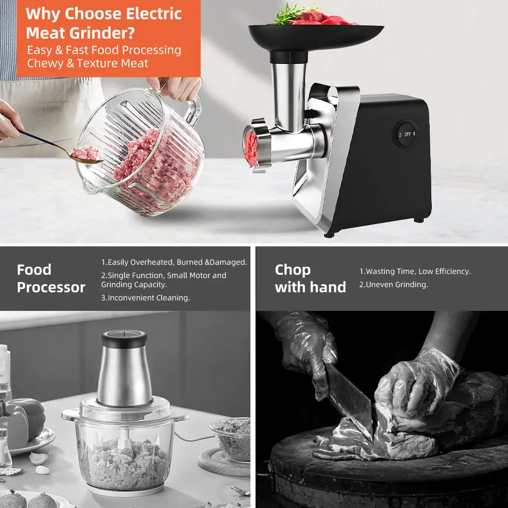 Hachoir à Viande Électrique 750 W — Inox, 3 Grilles, Accessoires Saucisse et Kebbe Hachoirs à Viande