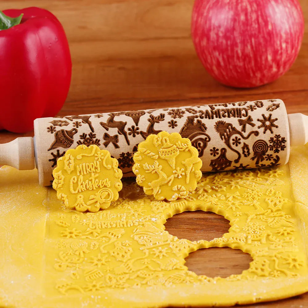Rouleau à pâtisserie en bois avec motifs gravés de Noël - Outil de décoration pour biscuits rouleaupatisserie
