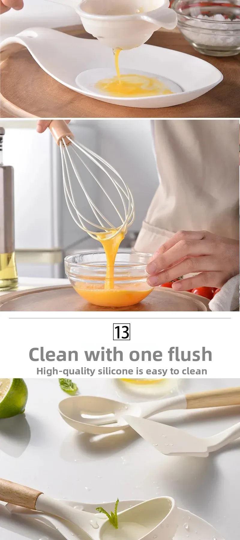Set Ustensiles Silicone 12 Pieces avec Poignée en Bois - Cuisine spatule en silicone