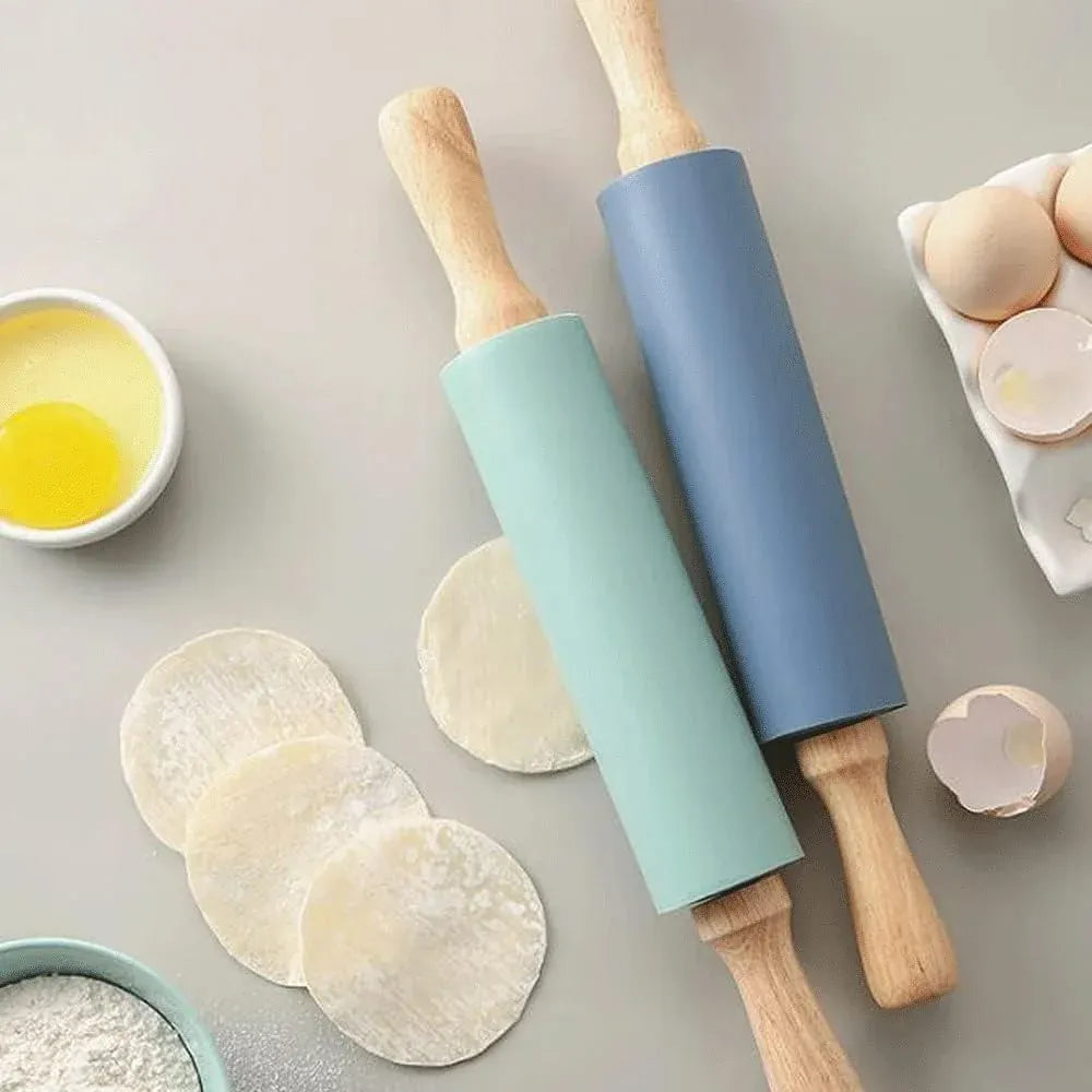 Rouleau à pâtisserie en silicone anti-adhésif avec poignées en bois rouleaupatisserie