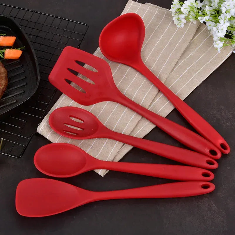 Set Ustensiles Silicone 5 pièces Résistants à la Chaleur Rouge spatule en silicone