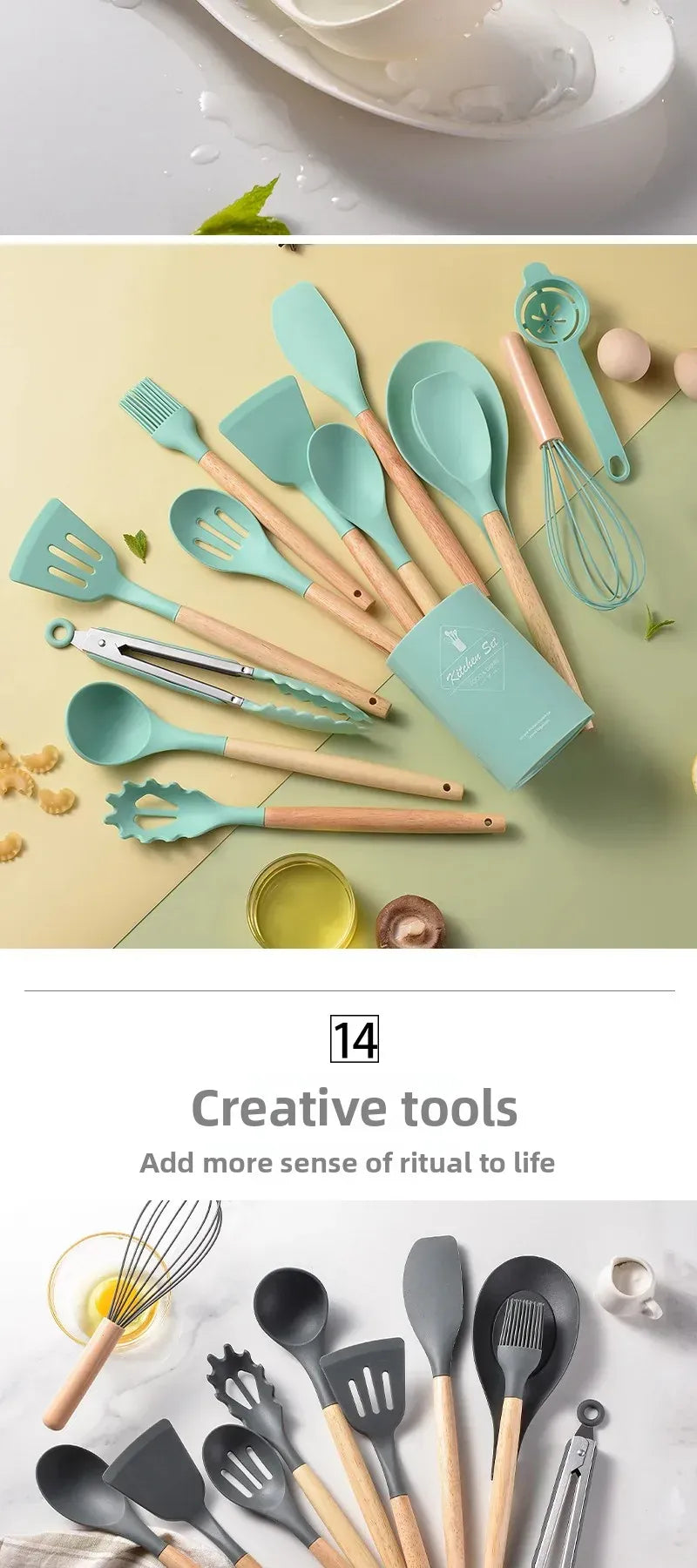 Set Ustensiles Silicone 12 Pieces avec Poignée en Bois - Cuisine spatule en silicone