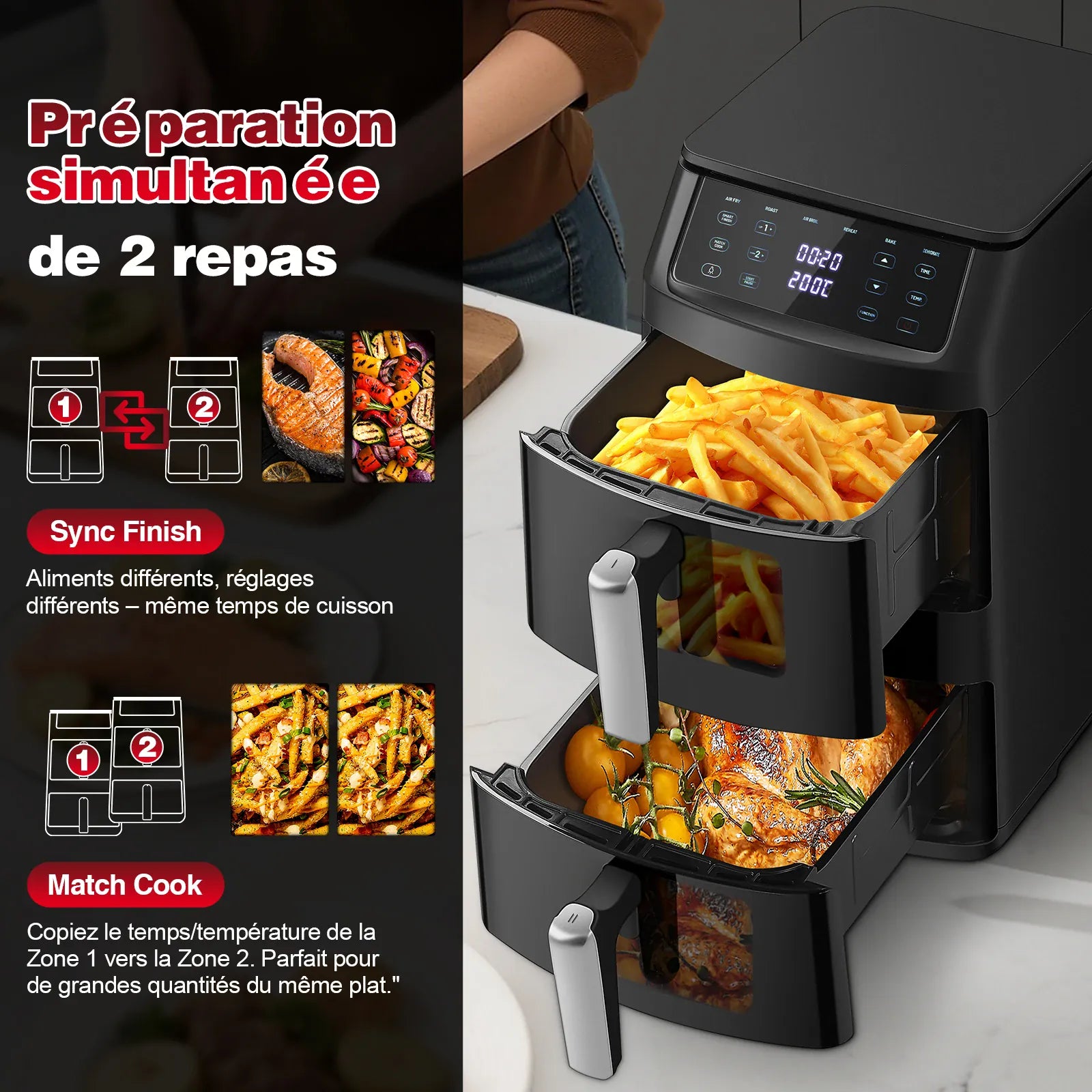 Friteuse Sans Huile Double Panier 11L 2500W 6 en 1 Écran Tactile airfryers