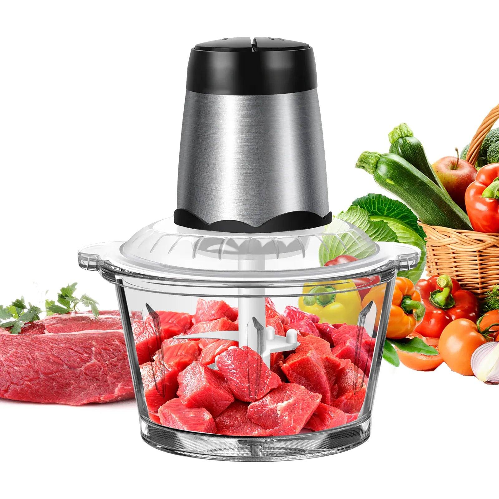 Hachoir Électrique Multifonction 300 W — Bol en Verre 2 L, 4 Lames Inox, 2 Vitesses hachoir electrique